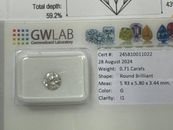 Ingen mindstepris - 1 pcs Diamant  (Natur)  - 0.71 ct - Rund - G - I1 - Gemewizard Gemological Laboratory (GWLab)