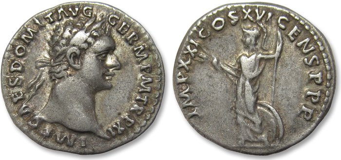 Romarriket. Domitian (AD 81-96). Denarius Rome mint 92 A.D. - IMP XXI COS XVI CENS P P P -