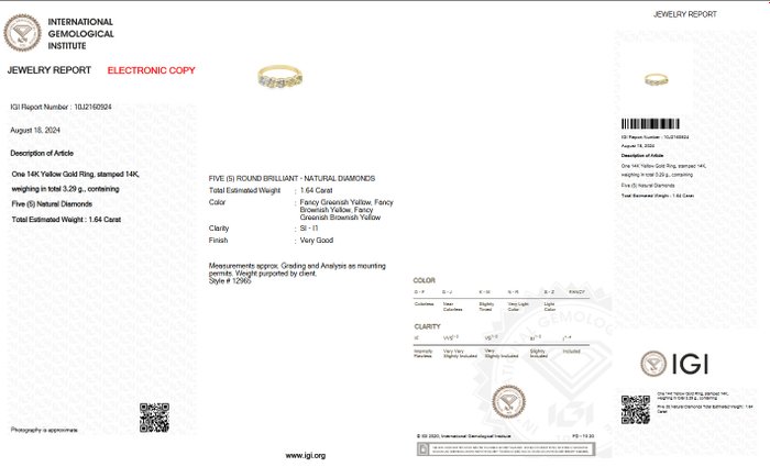 Ingen mindstepris - Ring - 14 karat Gulguld -  164ct tw Diamant (Naturfarvet) - IGI