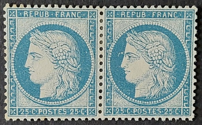 Frankrig 1874 - Ceres 25 år blå i par med forskellige print type III - Yvert 60C