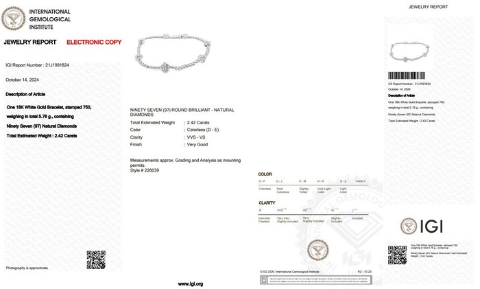 Armbånd - 18 kraat Hvidguld -  2.42ct. tw. Diamant (Natur)