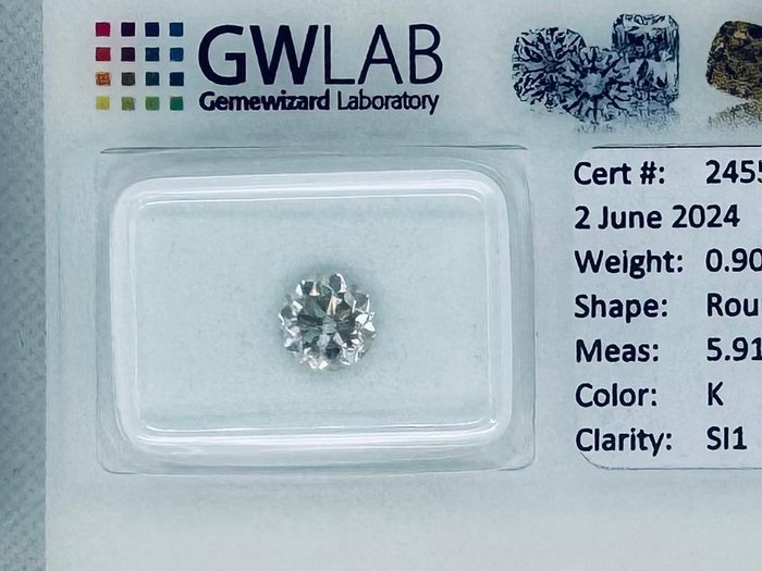 Ingen mindstepris - 1 pcs Diamant  (Natur)  - 0.90 ct - Rund - K - SI1 - Gemewizard Gemological Laboratory (GWLab)