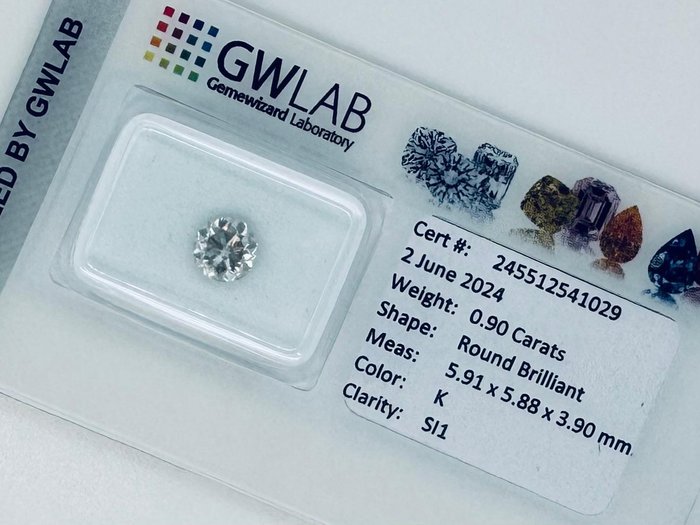 Ingen mindstepris - 1 pcs Diamant  (Natur)  - 0.90 ct - Rund - K - SI1 - Gemewizard Gemological Laboratory (GWLab)