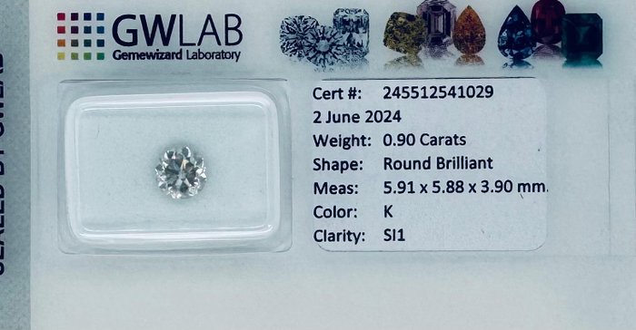 Ingen mindstepris - 1 pcs Diamant  (Natur)  - 0.90 ct - Rund - K - SI1 - Gemewizard Gemological Laboratory (GWLab)