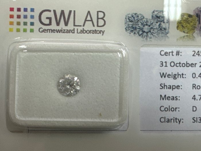 Ingen mindstepris - 1 pcs Diamant  (Natur)  - 0.46 ct - Rund - D (farveløs) - SI3 - Gemewizard Gemological Laboratory (GWLab)