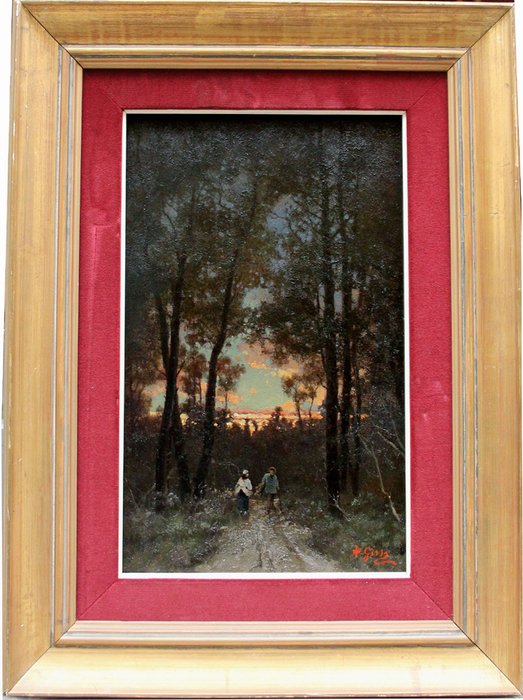 A. Gins - French Barbizon School, late 19th century - Sunset in Barbizon