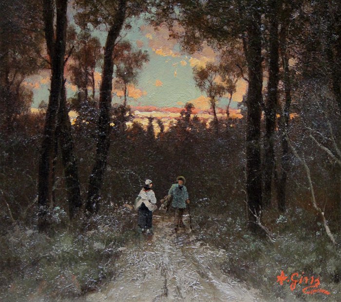 A. Gins - French Barbizon School, late 19th century - Sunset in Barbizon