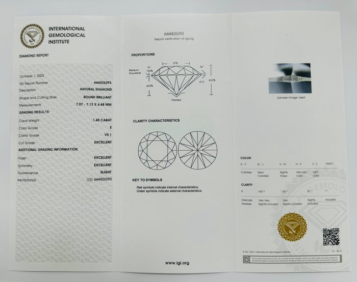 1 pcs Diamant  (Natur)  - 1.40 ct - Rund - E - VS1 - International Gemological Institute (IGI) - *3EX*