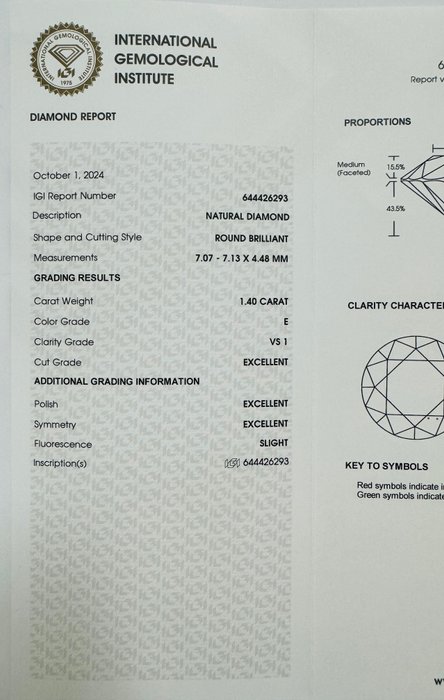 1 pcs Diamant  (Natur)  - 1.40 ct - Rund - E - VS1 - International Gemological Institute (IGI) - *3EX*