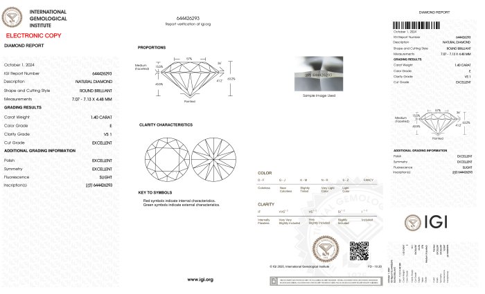 1 pcs Diamant  (Natur)  - 1.40 ct - Rund - E - VS1 - International Gemological Institute (IGI) - *3EX*