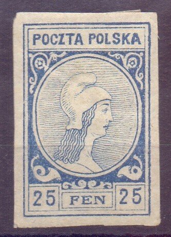 Polen 1918 - Zarki stempel 25 imperforeret blå pen - Michel 13