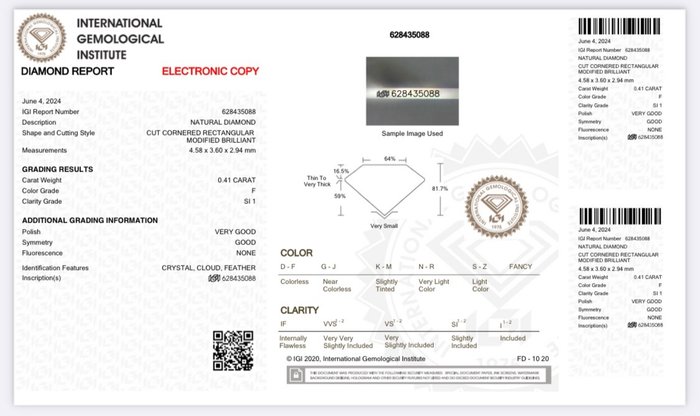 1 pcs Diamant  (Natur)  - 0.41 ct - Radiant - F - SI1 - International Gemological Institute (IGI)