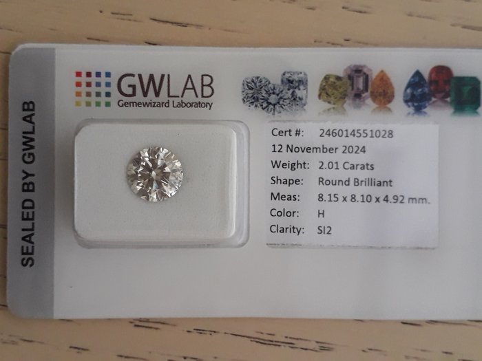 Ingen mindstepris - 1 pcs Diamant  (Natur)  - 2.01 ct - Rund - H - SI2 - Gemewizard Gemological Laboratory (GWLab)