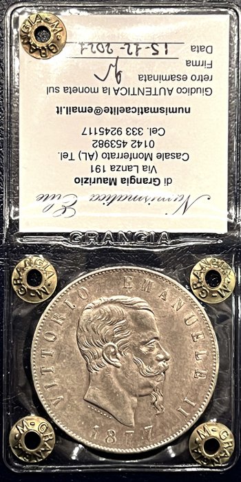 Italien, Kongerig Vittorio Emanuele II. 5 Lire 1877 Roma  (Ingen mindstepris)