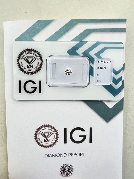 1 pcs Diamant  (Natur)  - 040 ct - Rund - D (farveløs) - IF - International Gemological Institute (IGI)