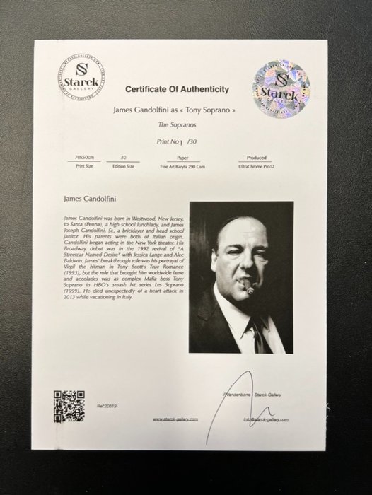 The Sopranos - James Gandolfini as « Tony Soprano » - Fine Art Photography - Luxury Wooden Framed 70X50 cm - Limited Edition Nr 08 of 50 - Serial ID 20519 - Original Certificate (COA) Hologram Logo Editor and QR Code - 100% New items