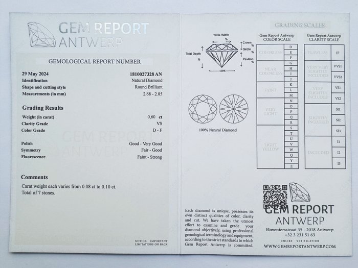 Ingen mindstepris - 7 pcs Diamant  (Natur)  - 0.60 ct - Rund - D (farveløs), F - VS1, VS2 - Gem Report Antwerp (GRA)