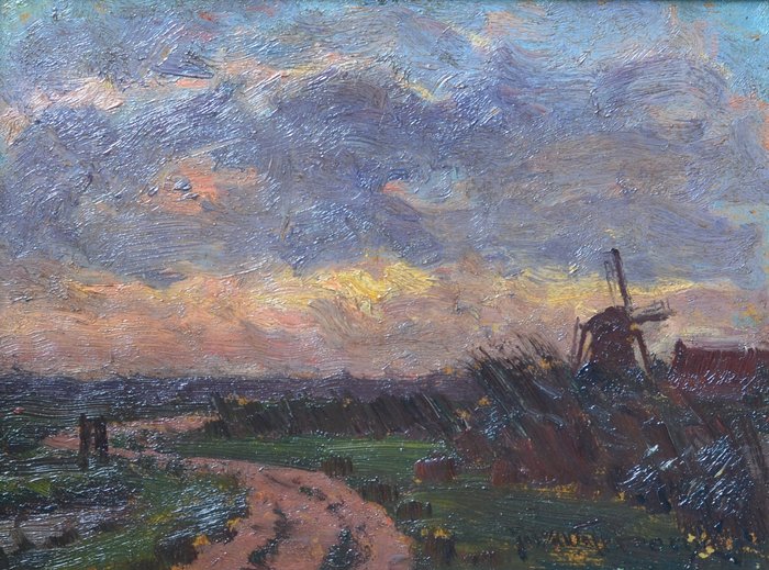 Joseph van de Wall Perné (1877-1941) - Een ondergaande zon in een Hollands landschap