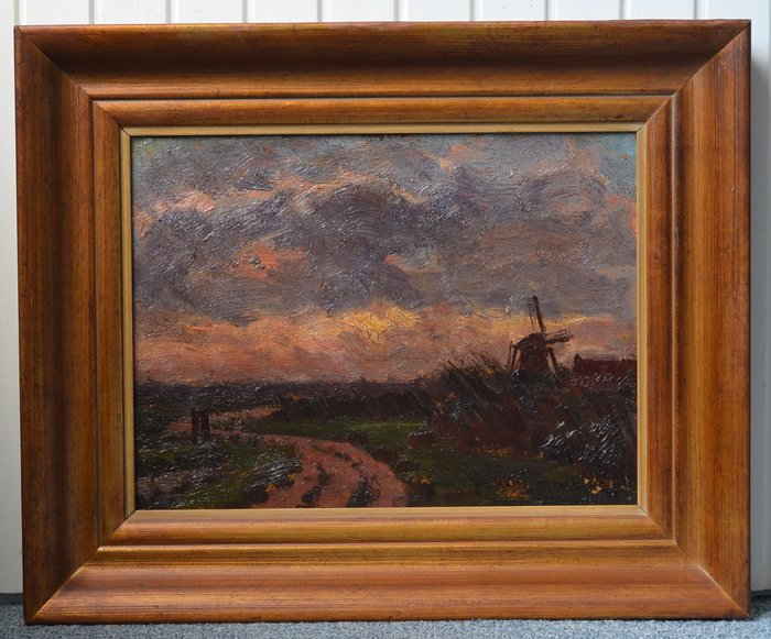 Joseph van de Wall Perné (1877-1941) - Een ondergaande zon in een Hollands landschap