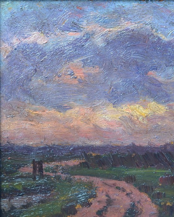 Joseph van de Wall Perné (1877-1941) - Een ondergaande zon in een Hollands landschap