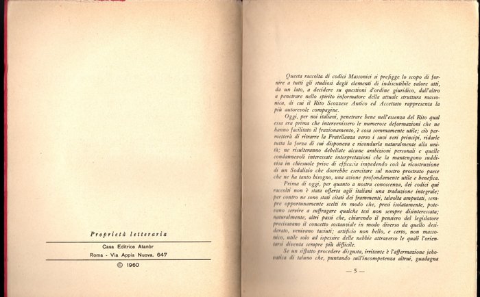 Grande Oriente d'Italia - - Massoneria Italiana:" Costituzioni Generali"- "Statuti Generali"-Le Charte fondamentali della - 1947-1960