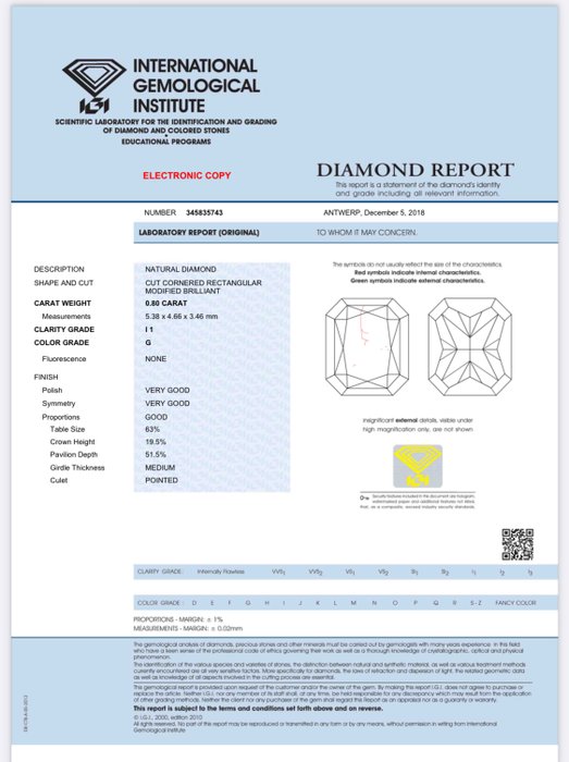 1 pcs Diamant  (Natur)  - 0.80 ct - Radiant - G - I1 - International Gemological Institute (IGI)