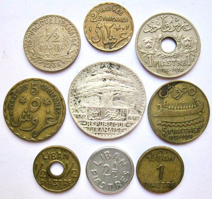 Libanon. Type Collection of 9 old coins 1924-1941  including silver 50 Piaster 1936.  (Ingen mindstepris)