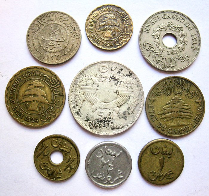 Libanon. Type Collection of 9 old coins 1924-1941  including silver 50 Piaster 1936.  (Ingen mindstepris)