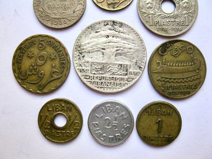 Libanon. Type Collection of 9 old coins 1924-1941  including silver 50 Piaster 1936.  (Ingen mindstepris)