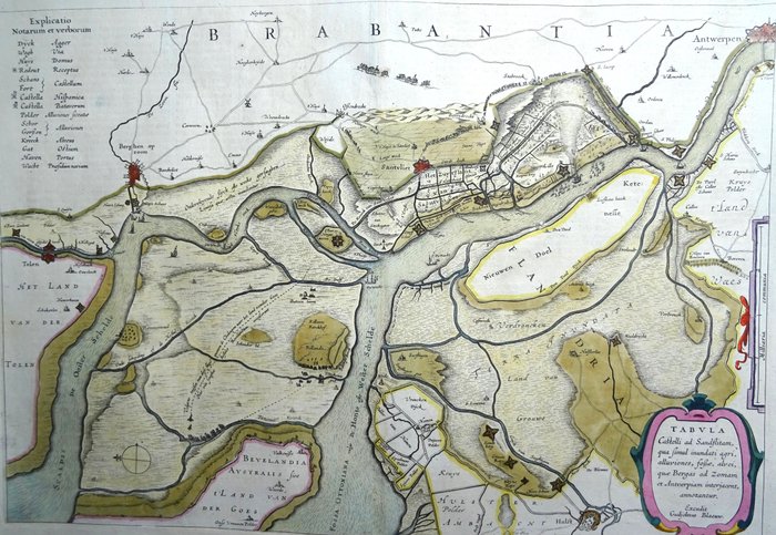 Belgien - Antwerpen, Zandvliet, Scheld, Holland, Bergen op Zoom, Tholen, Steenbergen....; W. Blaeu - Tabula Castelli ad Sandflitam, qua simul inundati agri, alluviones, fossae, alvei, quae Bergas ad - 1621-1650