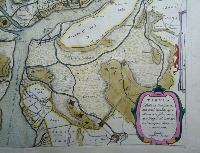 Belgien - Antwerpen, Zandvliet, Scheld, Holland, Bergen op Zoom, Tholen, Steenbergen....; W. Blaeu - Tabula Castelli ad Sandflitam, qua simul inundati agri, alluviones, fossae, alvei, quae Bergas ad - 1621-1650