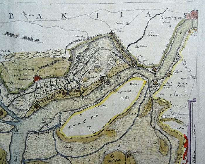 Belgien - Antwerpen, Zandvliet, Scheld, Holland, Bergen op Zoom, Tholen, Steenbergen....; W. Blaeu - Tabula Castelli ad Sandflitam, qua simul inundati agri, alluviones, fossae, alvei, quae Bergas ad - 1621-1650