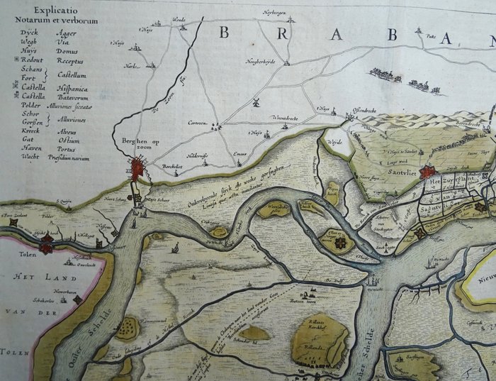 Belgien - Antwerpen, Zandvliet, Scheld, Holland, Bergen op Zoom, Tholen, Steenbergen....; W. Blaeu - Tabula Castelli ad Sandflitam, qua simul inundati agri, alluviones, fossae, alvei, quae Bergas ad - 1621-1650