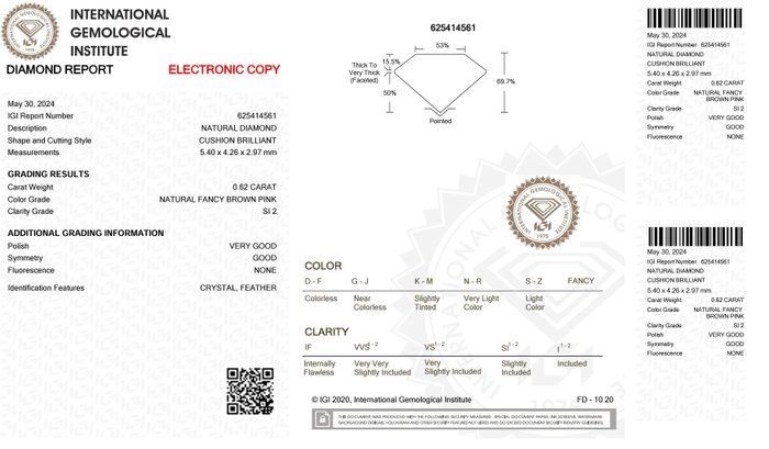 1 pcs Diamant  (Naturfarvet)  - 0.62 ct - Pude - Fancy Brun Lyserød - SI2 - International Gemological Institute (IGI)