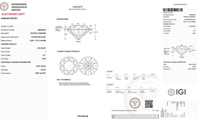 1 pcs Diamant  (Natur)  - 1.50 ct - Rund - I - SI1 - International Gemological Institute (IGI)