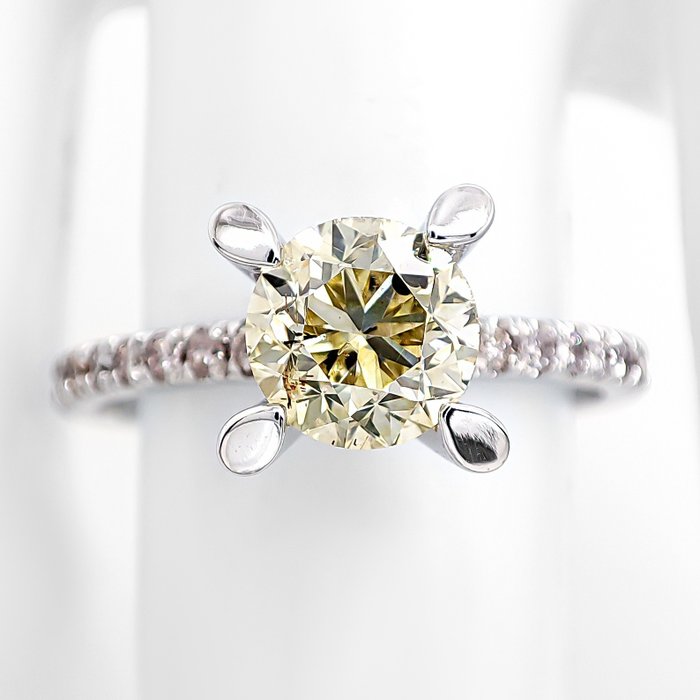 Ring - 14 karat Hvidguld -  1.28ct. tw. Gul Diamant (Naturfarvet) - Diamant