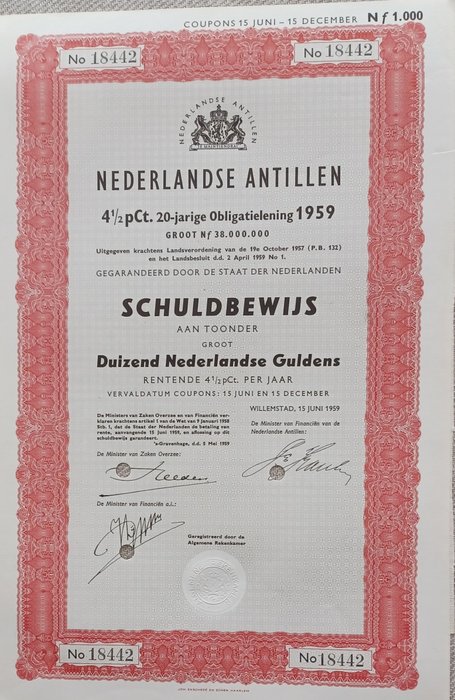 Curaçao (Hollandsk Caribien). - 50 x 1000 Gulden 1959 - Schuldbewijs  (Ingen mindstepris)