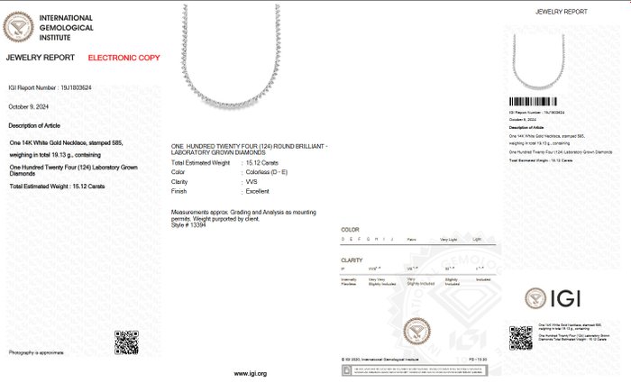 Halskæde - 14 karat Hvidguld -  15.12ct. tw. Diamant (Laboratoriedyrket) - D-E VVS IGI Certificeret