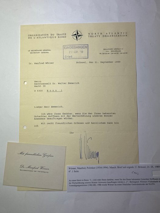 Manfred Wörner (1934-1994) German politicain, minister and Secretary General of NATO - Typed and original signed letter from NATO and personal card as German Secretary of Defense - 1988