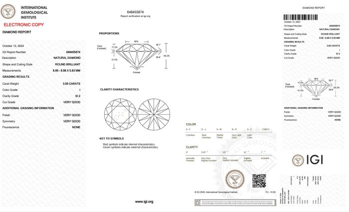 1 pcs Diamant  (Natur)  - 3.05 ct - Rund - I - SI2 - International Gemological Institute (IGI)