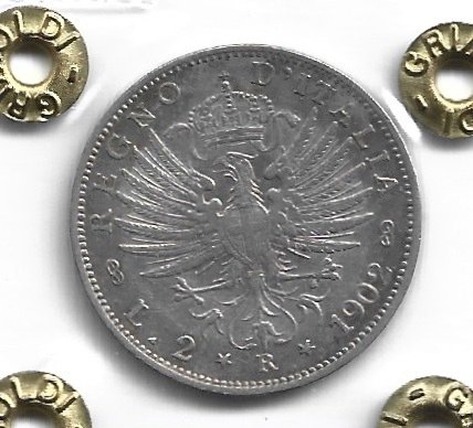 Italien, Kongeriget Italien. Vittorio Emanuele III di Savoia (1900-1946). 2 Lire 1902 "Aquila Sabauda"  (Ingen mindstepris)