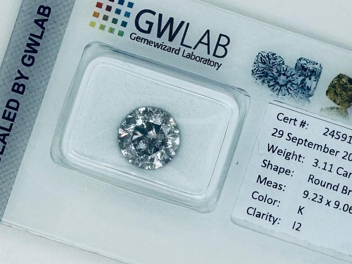 Ingen mindstepris - 1 pcs Diamant  (Natur)  - 3.11 ct - Rund - K - I2 - Gemewizard Gemological Laboratory (GWLab)