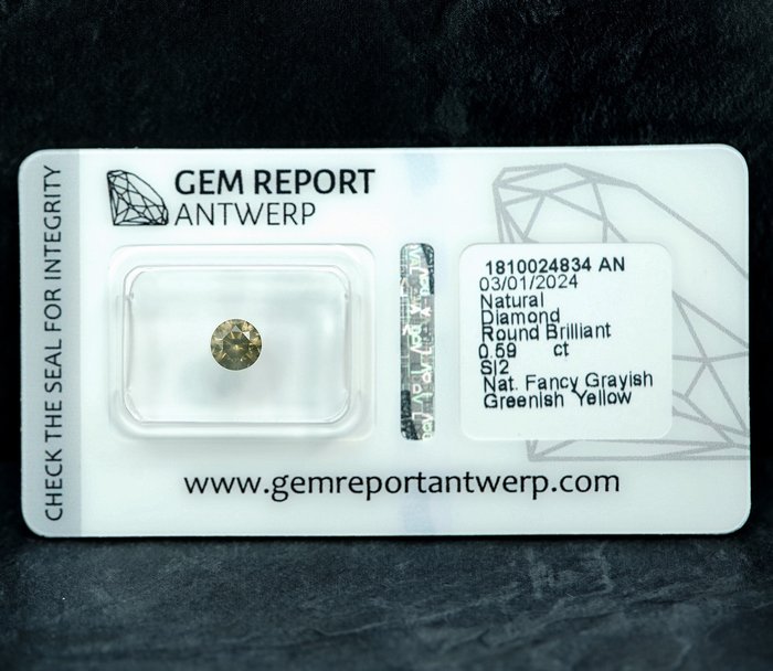 1 pcs Diamant  (Naturfarvet)  - 0.59 ct - Fancy Grålig, Grønlig Gul - SI2 - Gem Report Antwerp (GRA)