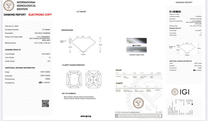 1 pcs Diamant  (Natur)  - 100 ct - Radiant - G - SI2 - International Gemological Institute (IGI)