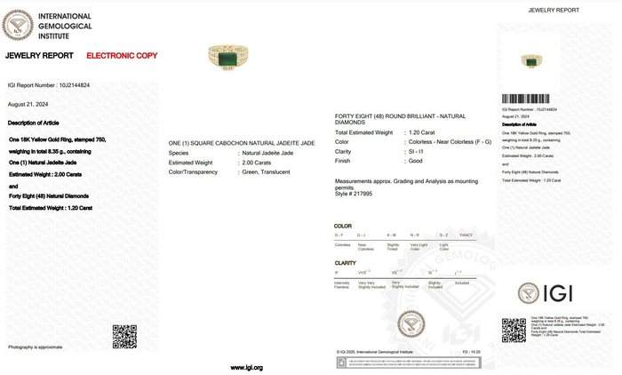 Ring - 18 kraat Gulguld -  3.20ct. tw. Jade - Diamant