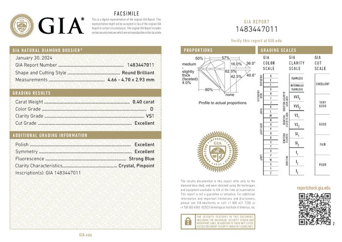 1 pcs Diamant  (Natur)  - 040 ct - Rund - D (farveløs) - VS1 - Gemological Institute of America (GIA) - *3EX*