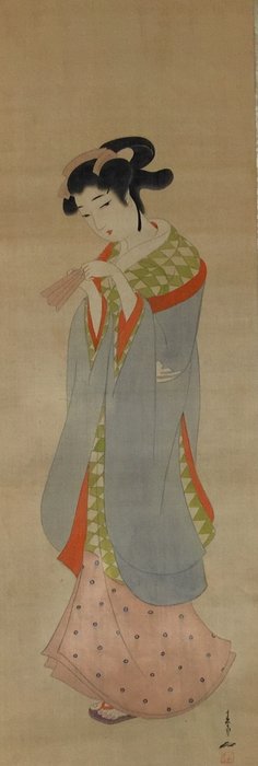 Beautiful woman / Japanese Vintage Hanging Scroll KAKEJIKU / Silk / Hand Painted - Signed - Japan  (Ingen mindstepris)