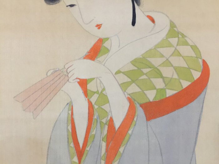 Beautiful woman / Japanese Vintage Hanging Scroll KAKEJIKU / Silk / Hand Painted - Signed - Japan  (Ingen mindstepris)