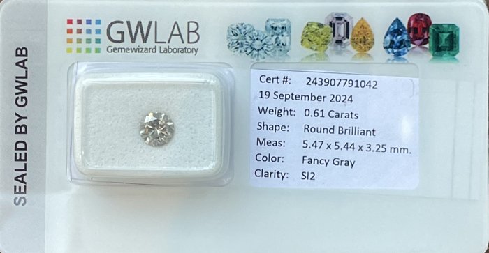 Ingen mindstepris - 1 pcs Diamant  (Naturfarvet)  - 0.61 ct - Rund - Fancy Grå - SI2 - Gemewizard Gemological Laboratory (GWLab) - Grå