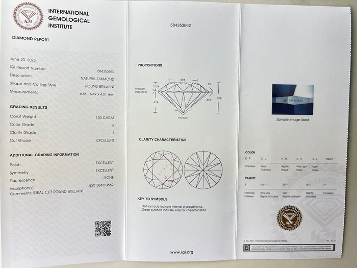 Ingen mindstepris - 1 pcs Diamant  (Natur)  - 1.03 ct - Rund - E - I1 - International Gemological Institute (IGI)